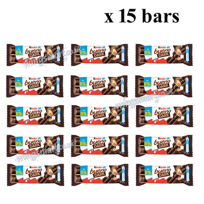 Kinder Bueno Dark Chocolate covered wafer with a smooth milky and hazelnut filling 43g