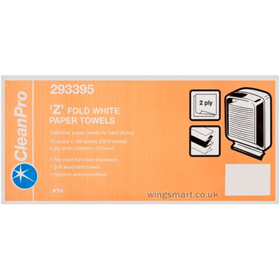 CleanPro 'Z' Fold White Paper Towels 2 Ply 15 Packs 198 Towels