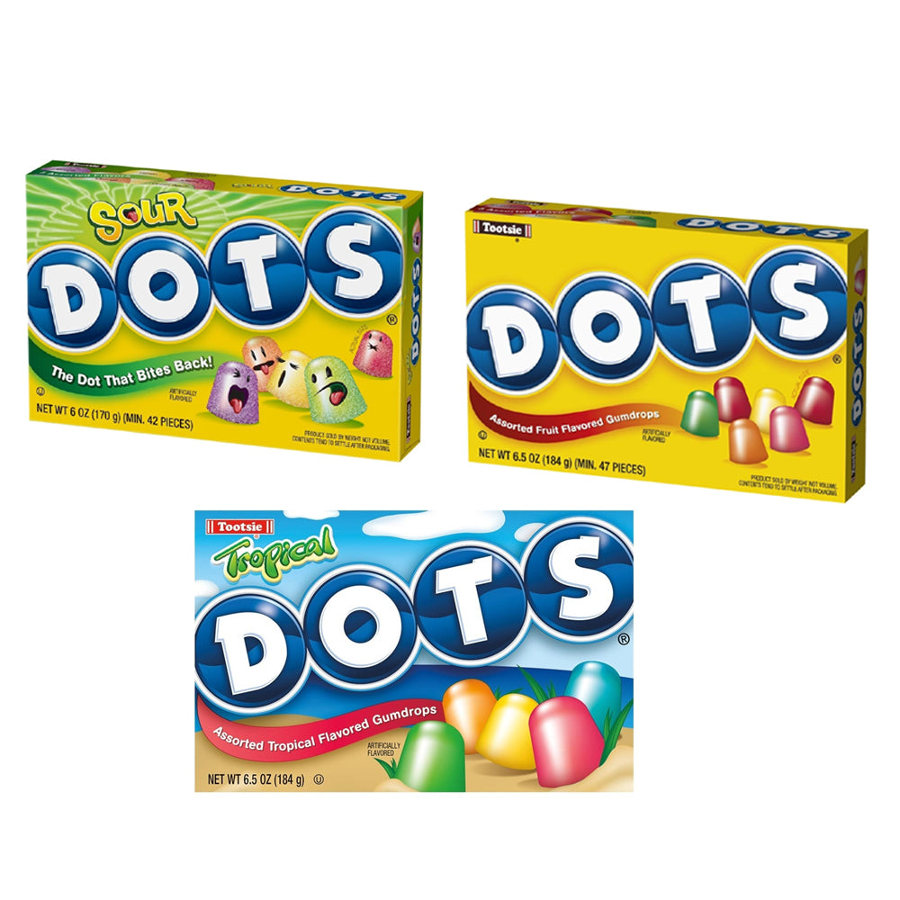 Tootsie Dots Candy 184g – Sour, Original & Tropical (6 & 12 Pack Boxes)