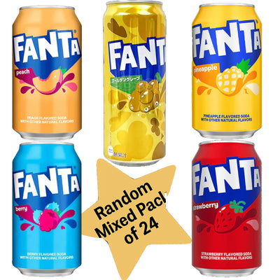 Fanta Random Mixed Pack of 24 Cans – Berry, Strawberry, Pineapple & Peach, Golden Grape