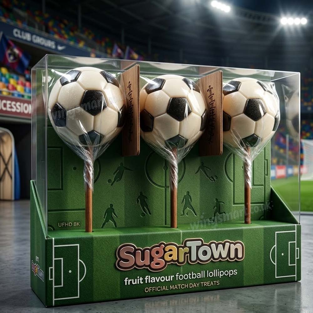 Sugartown Football Lolly 80g – Box of 24 Fruit Flavoured Rock Lollipops
