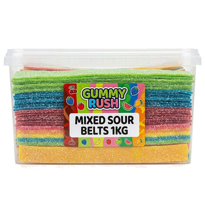 Gummy Rush Mixed Fruit Sour Belts Tub - 1kg
