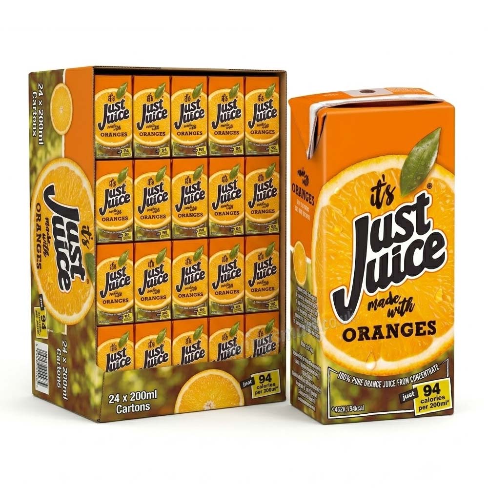 Just Juice 100% Pure Orange Juice from Concentrate – 200ml (Pack of 24)