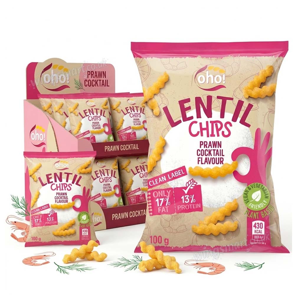Oho! Lentil Chips Prawn Cocktail 100g (10, 15 & 23 Packs)