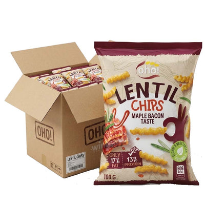 Oho! Lentil Chips Maple Bacon Flavour – 100g (10, 15 & 23 Packs) | Crispy Protein Snack