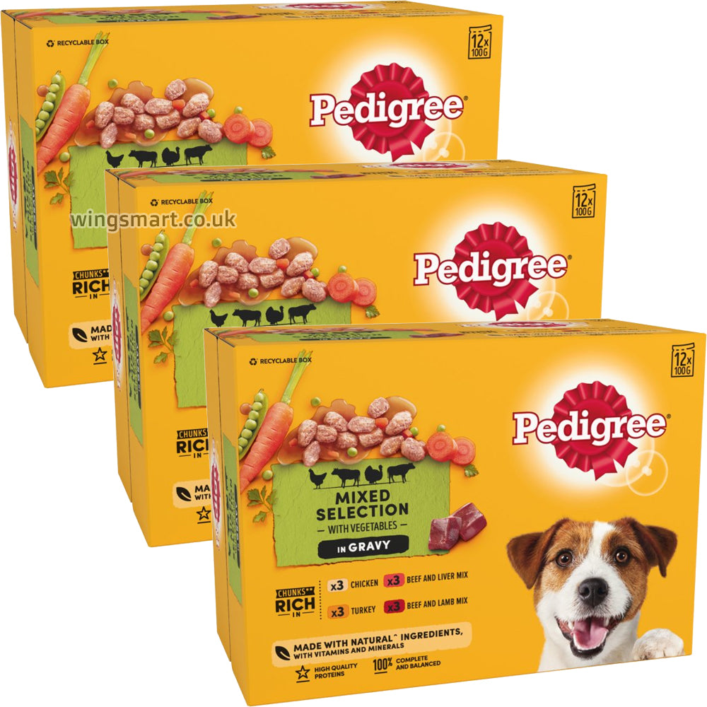 Pedigree Adult Wet Dog Food Pouches Mixed in Gravy 12 x 100g Box of 3 WingsMart