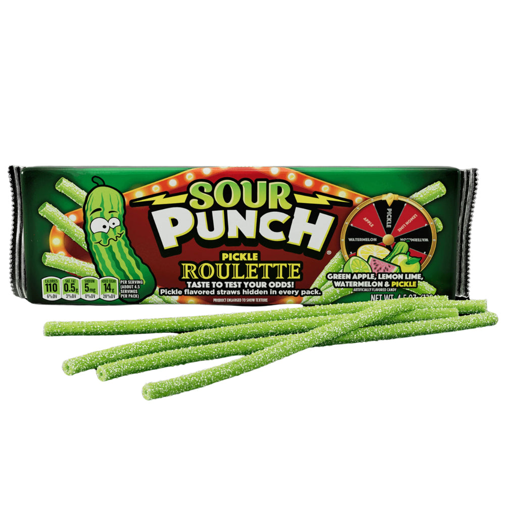 Sour Punch Pickle Roulette Straws Pack 128g - Assorted Fruit and Pickle Flavored Soft Chewy Candy Straws
