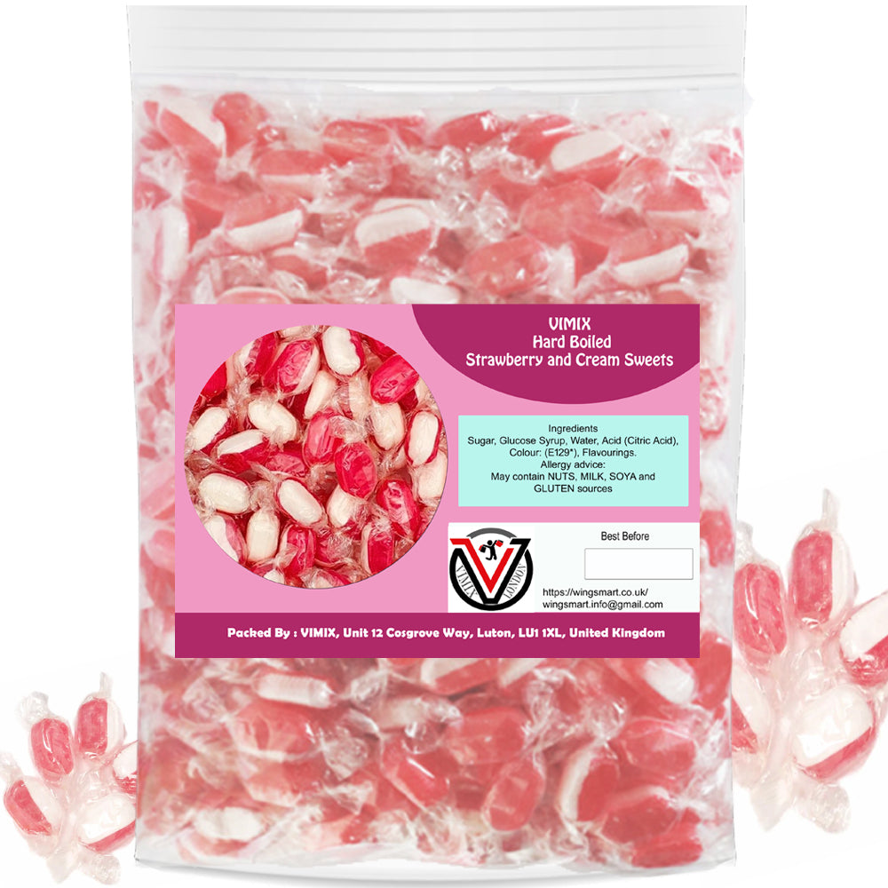VIMIX Premium Wrapped Hard Boiled Candy Sweets Bag - Perfect for Parties (Strawberry & Cream)