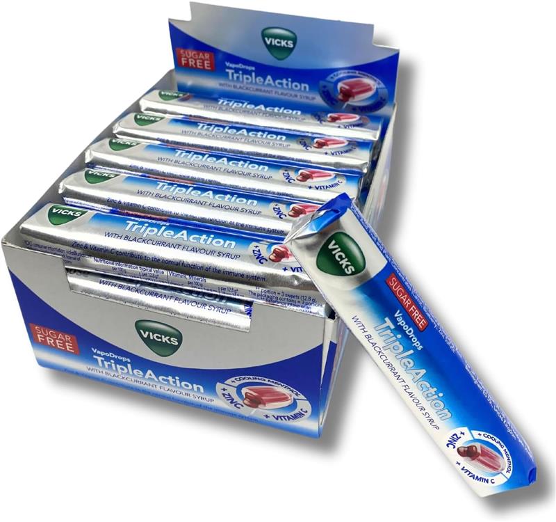 Vicks VapoDrops TripleAction Sugar Free Lozenges – Menthol, Zinc & Vitamin C | 24 x 42g