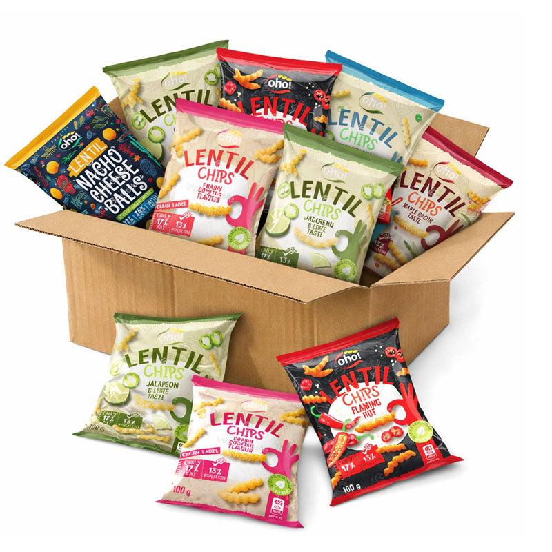 Oho! Lentil Chips 100g Randomly Mixed Flavour Packs (10 -100 packs) | Cheese Spicy Tangy Crunchy Snacks