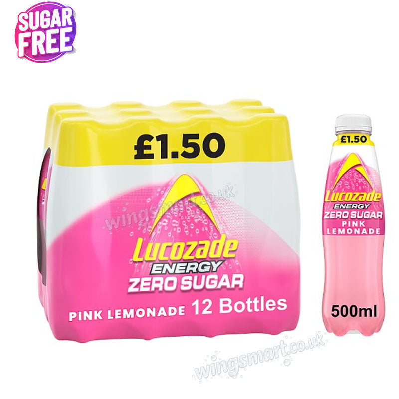 Lucozade Zero Sugar Drink Pink Lemonade 500ml PMP (Box of 12 Bottles)