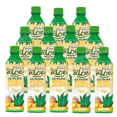 Grace Say Aloe Vera Drink Assorted Flavours 500ml x 12 Bottles – Mango, Strawberry & Original Refreshing Aloe Juice