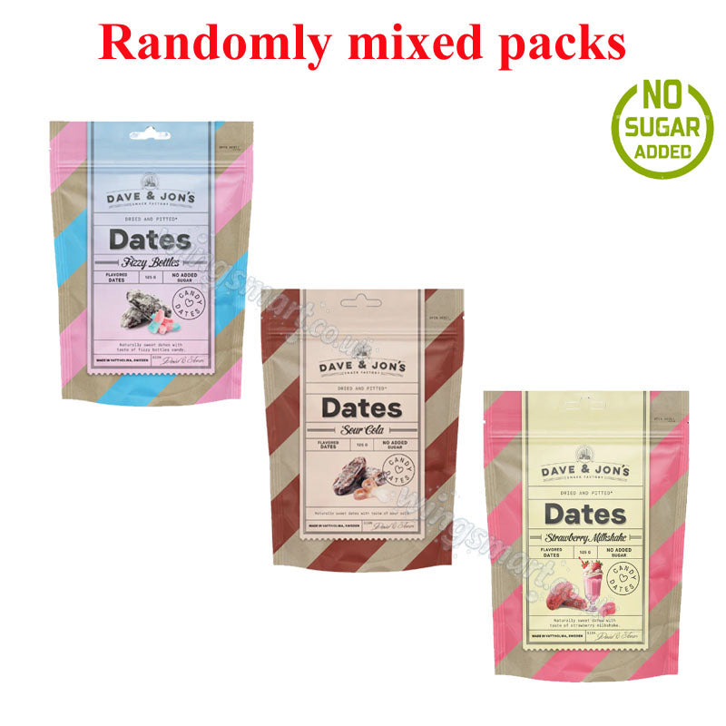 Dave & Jon’s Dates Candy Mixed Pack 125g – Fizzy Bottles, Sour Cola & Strawberry Milkshake Flavours