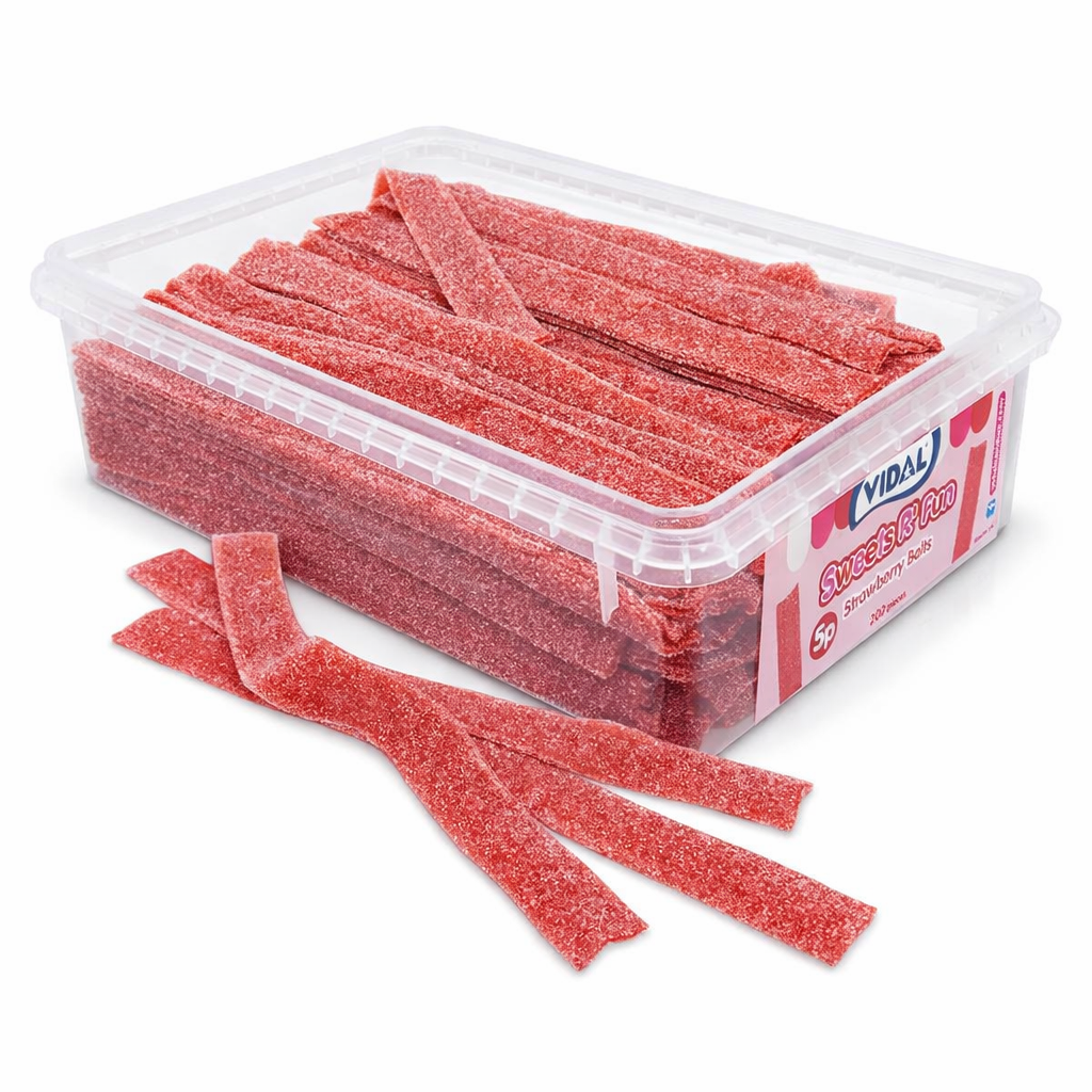 Vidal Fizzy Strawberry Belts Tub 1.3kg (Approx 200 Pieces)