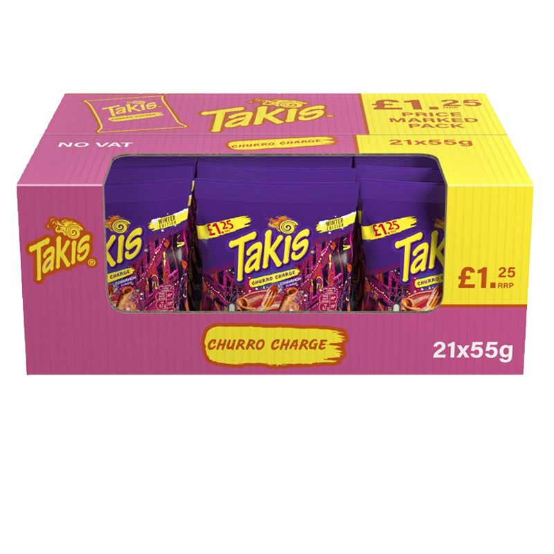 Takis Winter Edition Churro Charge Cinnamon Flavour Crisps 55g (Box of 21)