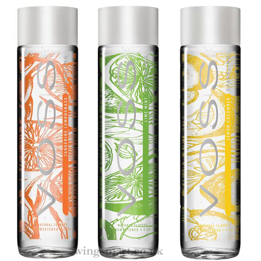 Voss Sparkling Water Variety Pack Tangerine Lemongrass Lime Mint Lemon Cucumber 375ml (Pack of 12)