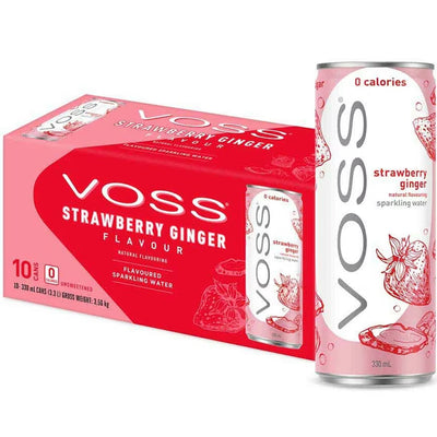 Voss Strawberry & Ginger Sparkling Water 10x 330ml Cans