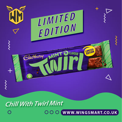 Cadbury Twirl Mint Limited Edition chocolate resting on a light blue background. The chocolate bar is partly unwrapped, revealing the smooth and creamy milk chocolate swirls with hints of green mint flavor.