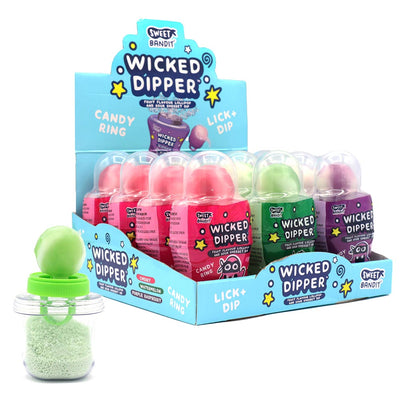 Sweet Bandit Wicked Dipper Pack - 12 x 30g Fruity Candy Rings with Sour Sherbet Dip - 3 Flavours: Cherry, Watermelon, Purple Raspberry - Fun Dip & Lick Experience