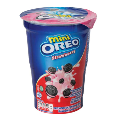 Oreo Mini Strawberry Chocolate Sandwich Biscuits Cup, 24 x 61.3g – Portable Snack with Sweet Strawberry Creme Filling