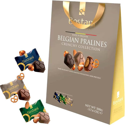 Bostani Belgian Praline Assortment 500g - 3 Luxurious Flavours: Dark Hazelnut, Gold Almond Feuilletine, Milk Pretzels - Crafted in Belgium