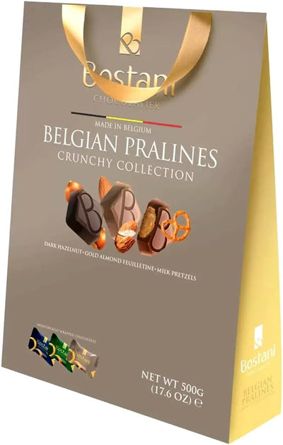 Bostani Belgian Praline Assortment 500g - 3 Luxurious Flavours: Dark Hazelnut, Gold Almond Feuilletine, Milk Pretzels - Crafted in Belgium