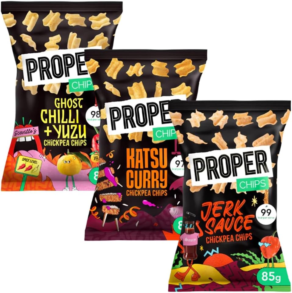 Proper Chickpea Chips Variety Pack - Ghost Chilli & Yuzu, Katsu Curry, Jerk Sauce - 85g Each, Pack of 3
