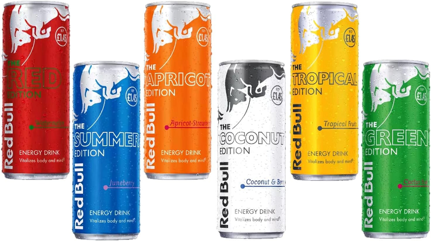 RedBull Energy Drink Variety Pack (6 x 250ml) - Summer, Tropical, Watermelon, Cactus Fruit, Apricot & Strawberry, Coconut & Berry