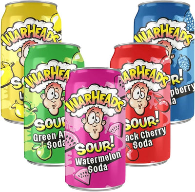 Warheads Sour Variety Pack Soda Cans 355ml (Pack of 5) – Lemon, Blue Raspberry, Black Cherry, Green Apple, Watermelon