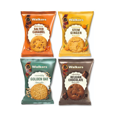 VSTAR Walkers Assorted Twin Packs, Golden Oat, Belgian Chocolate, Salted Caramel & Stem Ginger Biscuits Indulge in Biscuits Mini Packs, 100 x 25g