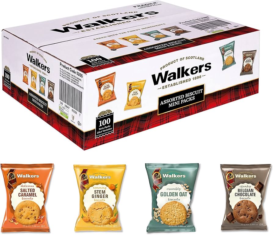 VSTAR Walkers Assorted Twin Packs, Golden Oat, Belgian Chocolate, Salted Caramel & Stem Ginger Biscuits Indulge in Biscuits Mini Packs, 100 x 25g