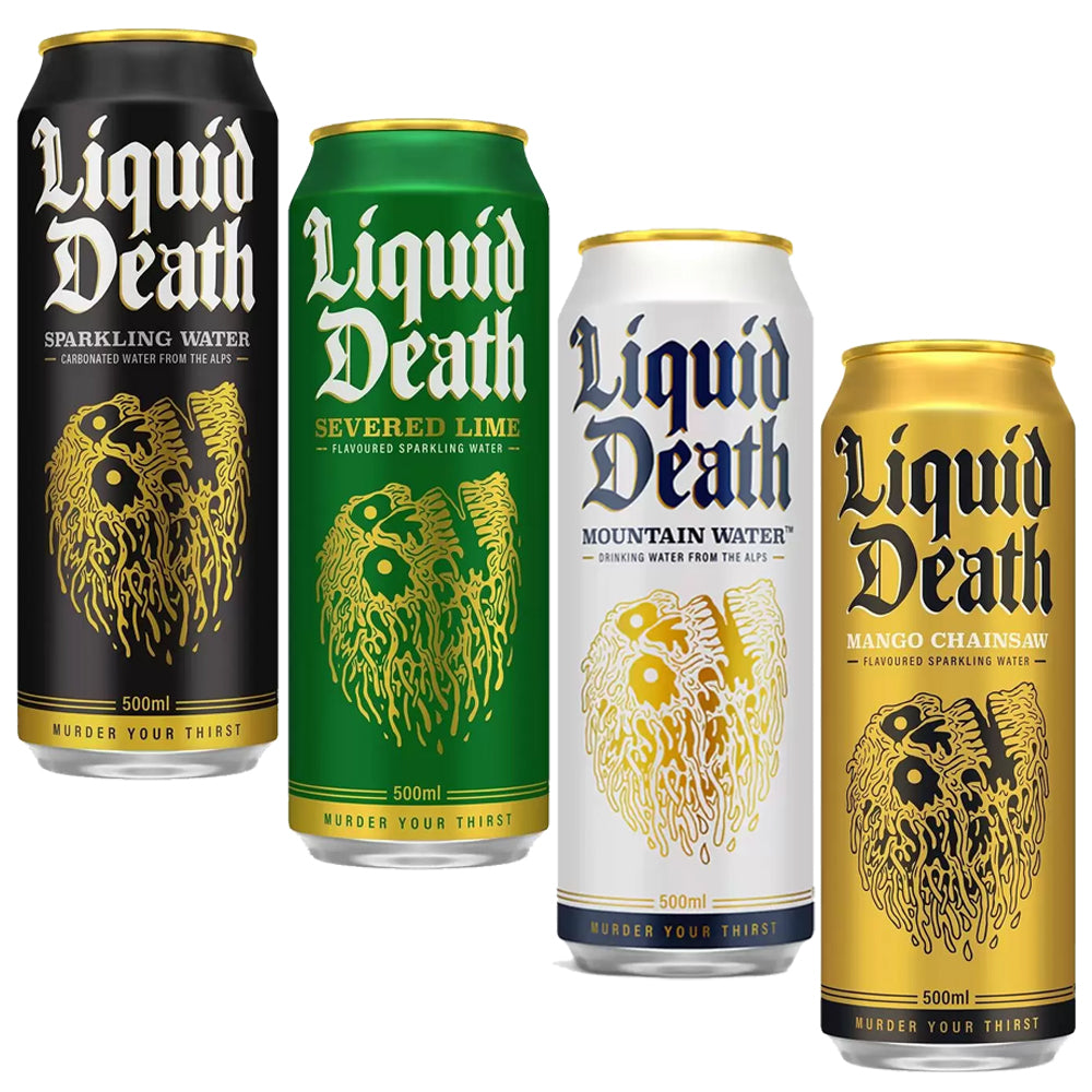 Liquid Death Mixed Water Pack - 500ml Cans of Severed Lime, Mango Chainsaw, Sparkling, and Still Mountain Water - Artwork Edition - Mixed Pack Of 4