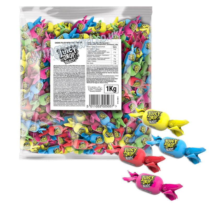 Bazooka Juicy Drop Blasts 1kg – Sour Filled Chewy Candy Mix
