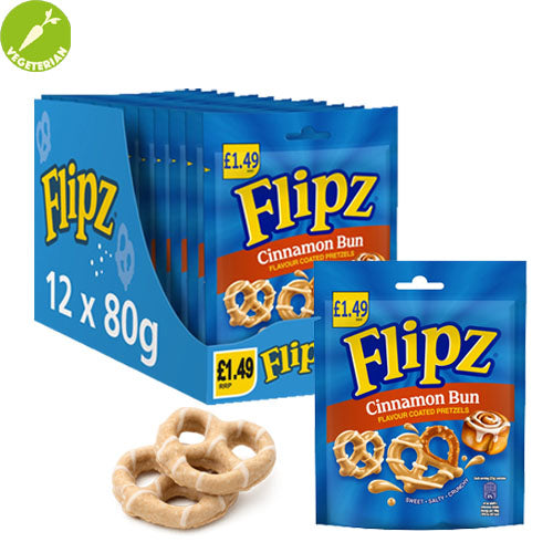 Flipz Cinnamon Bun & Peanut Butter Pretzels 80g PMP Sweet Coated Snacks (box of 12 packs)