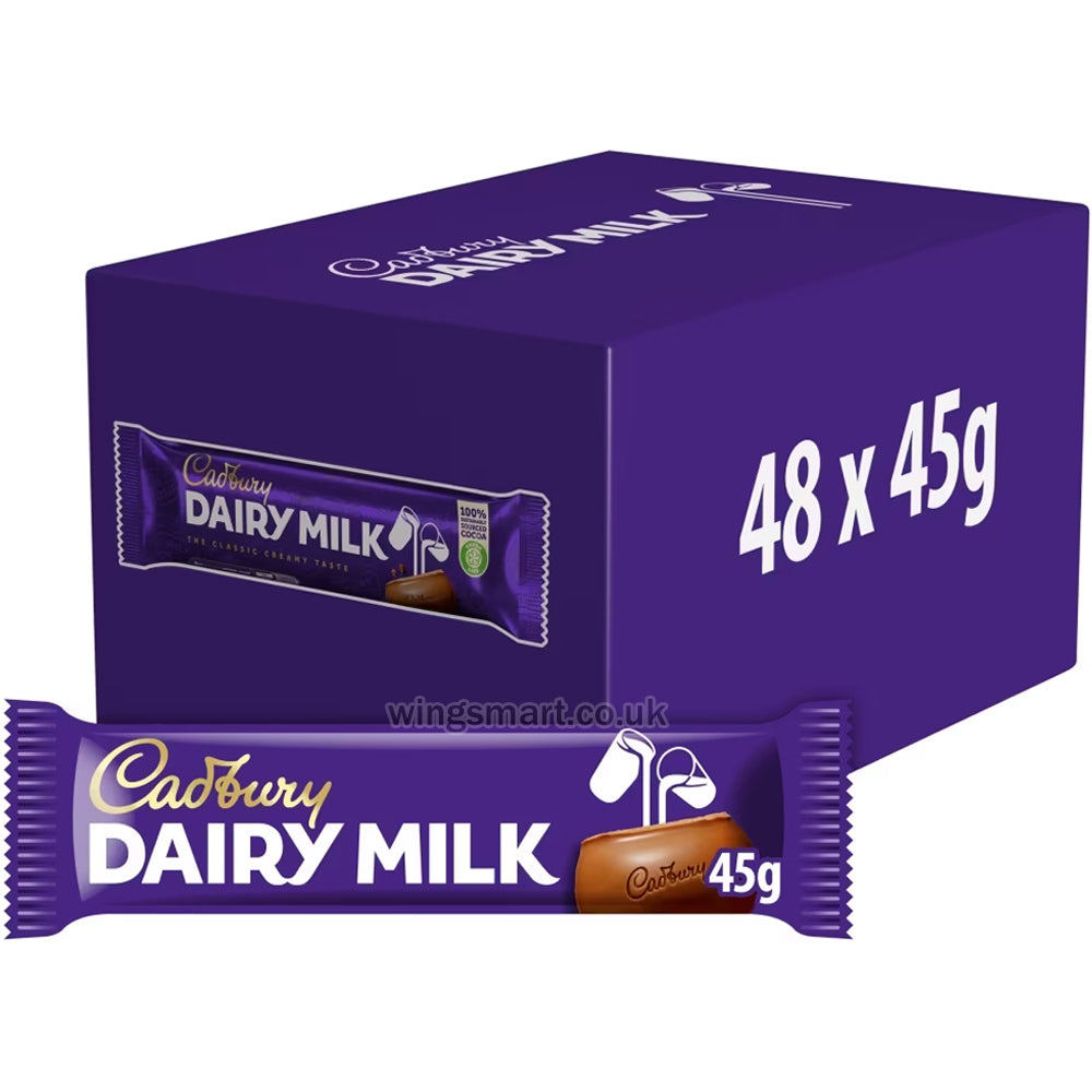 Cadbury Dairy Milk Chocolate Bar 45g – Pack of 48 | Premium Milk Chocolate