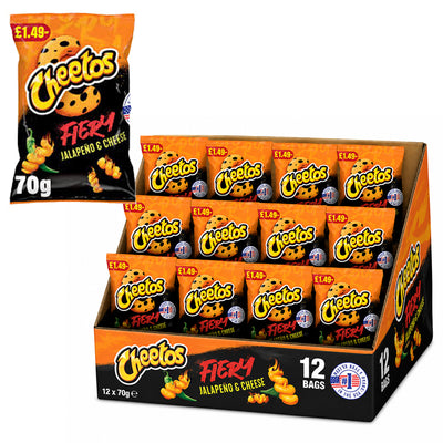 Cheetos Fiery Jalapeño & Cheese Sharing Crisps 70g (Pack of 12) – Spicy Crunchy Snacks