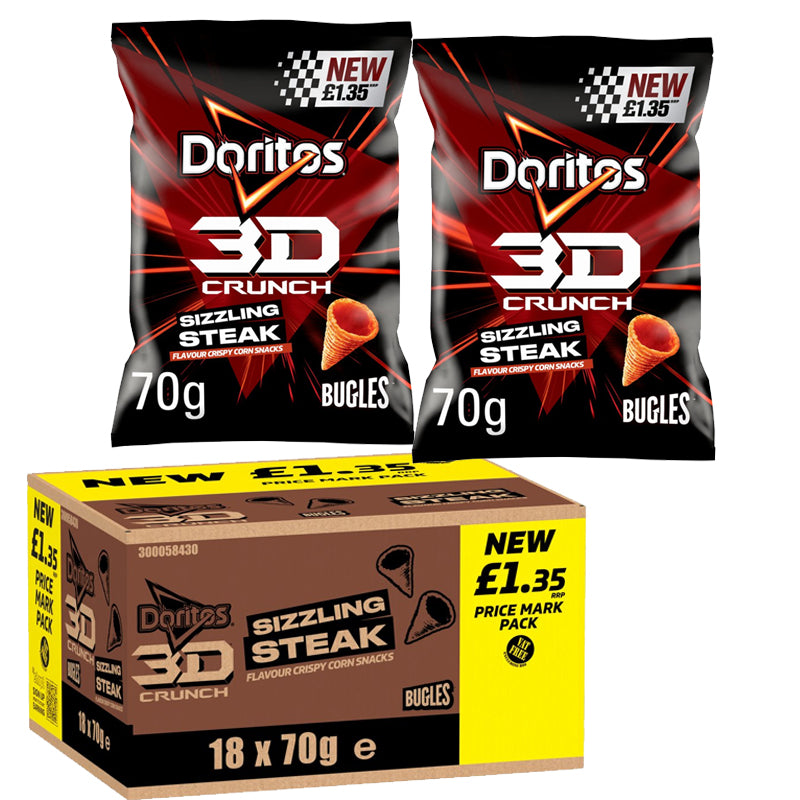 Doritos 3D Crunch Crisps 70g PMP £1.35 – 18 Pack (Sizzling Steak / Nacho Cheese)
