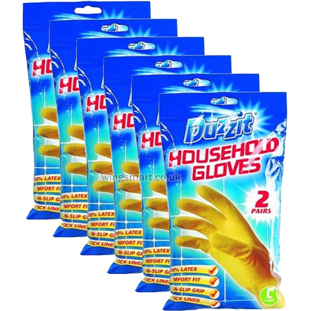 DUZZIT RUBBER GLOVES HOUSEHOLD LARGE 2 PAIRS (Pack of 6)