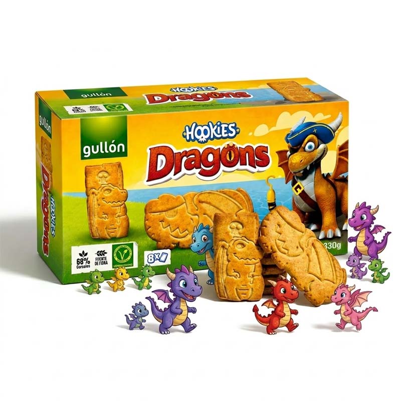 Gullón Hookies Dragons Biscuits 330g (Pack of 5) | Fun Dragon-Shaped Chocolate Biscuits