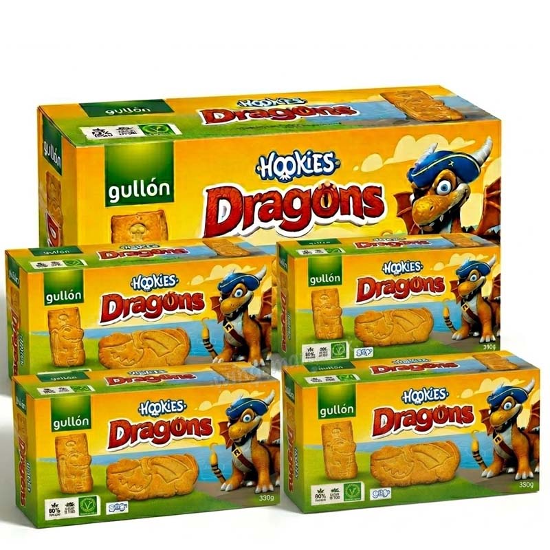 Gullón Hookies Dragons Biscuits 330g (Pack of 5) | Fun Dragon-Shaped Chocolate Biscuits