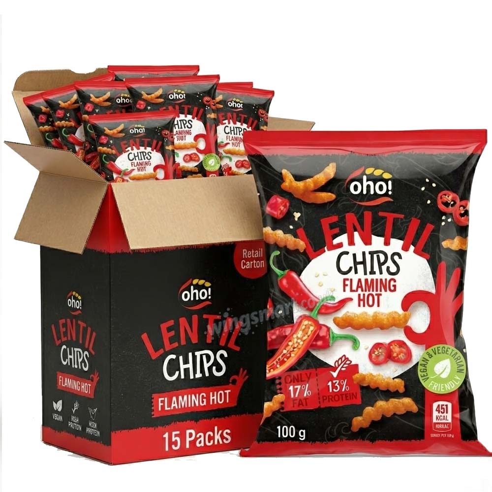 Oho! Lentil Chips Flaming Hot – 100g (10, 15 & 23 Packs)