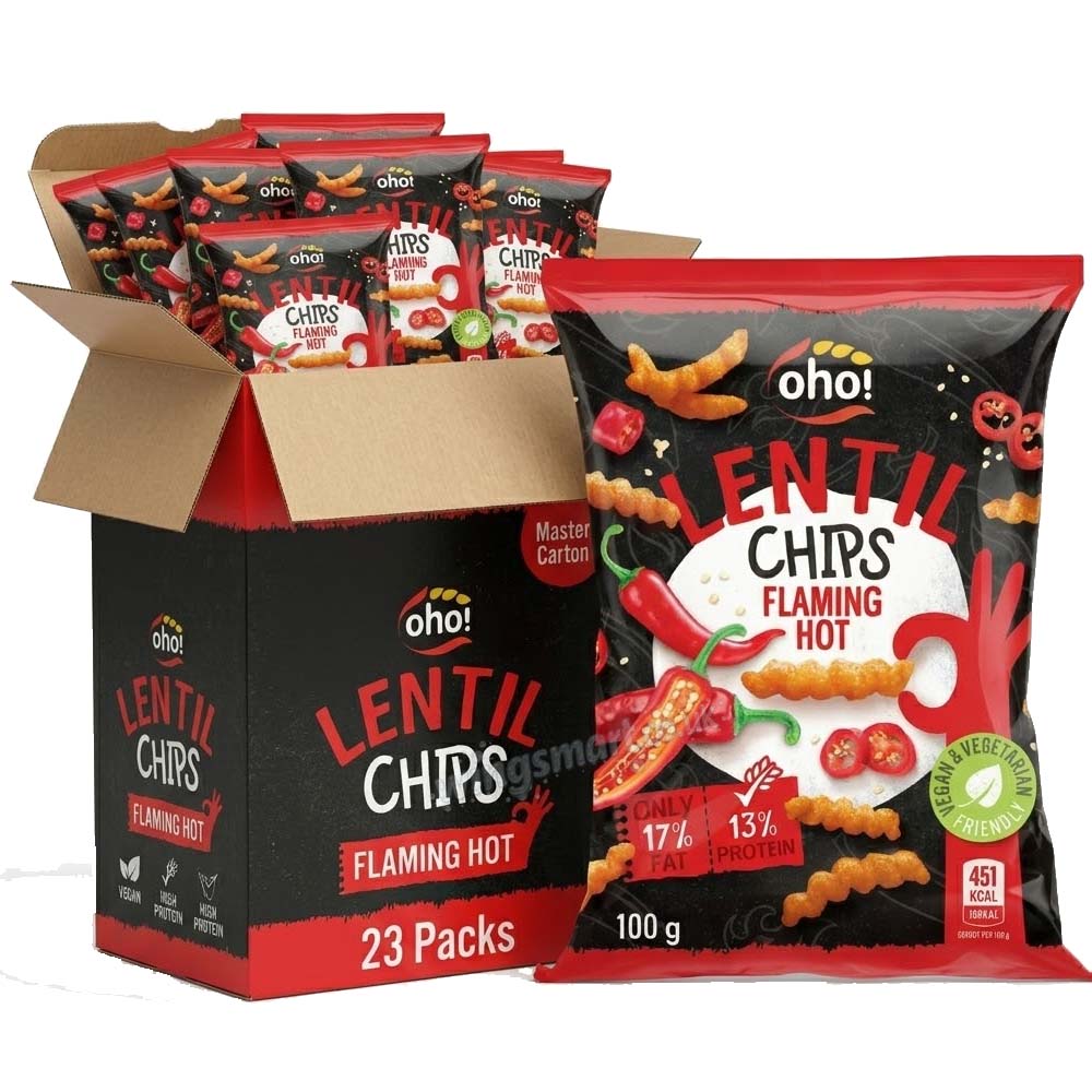 Oho! Lentil Chips Flaming Hot – 100g (10, 15 & 23 Packs)