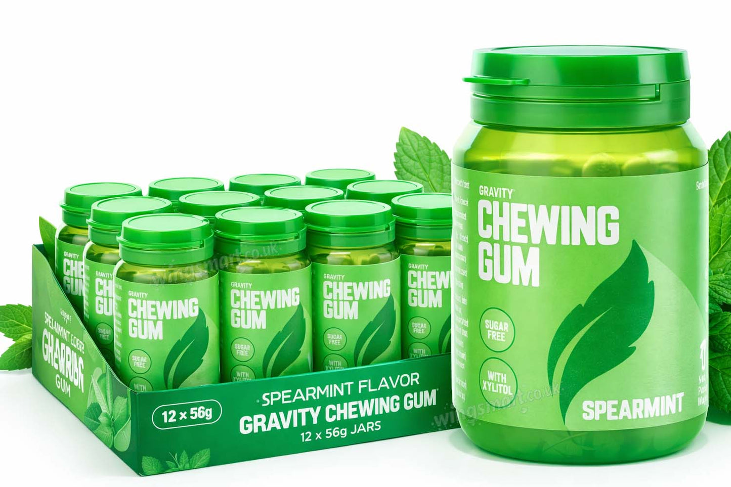 Gravity Spearmint Chewing Gum Tub 12 x 56g | Refreshing Mint Flavour Gum Bottles