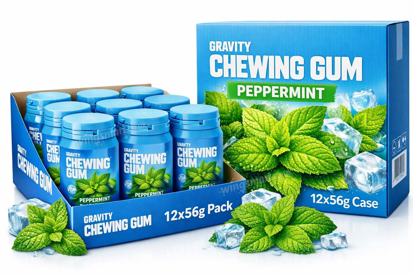 Gravity Peppermint Chewing Gum Tub 56g (Pack of 12) – Long Lasting Fresh Mint Flavour Gum