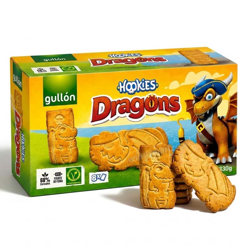 Gullón Hookies Dragons Biscuits 330g (Pack of 5) | Fun Dragon-Shaped Chocolate Biscuits