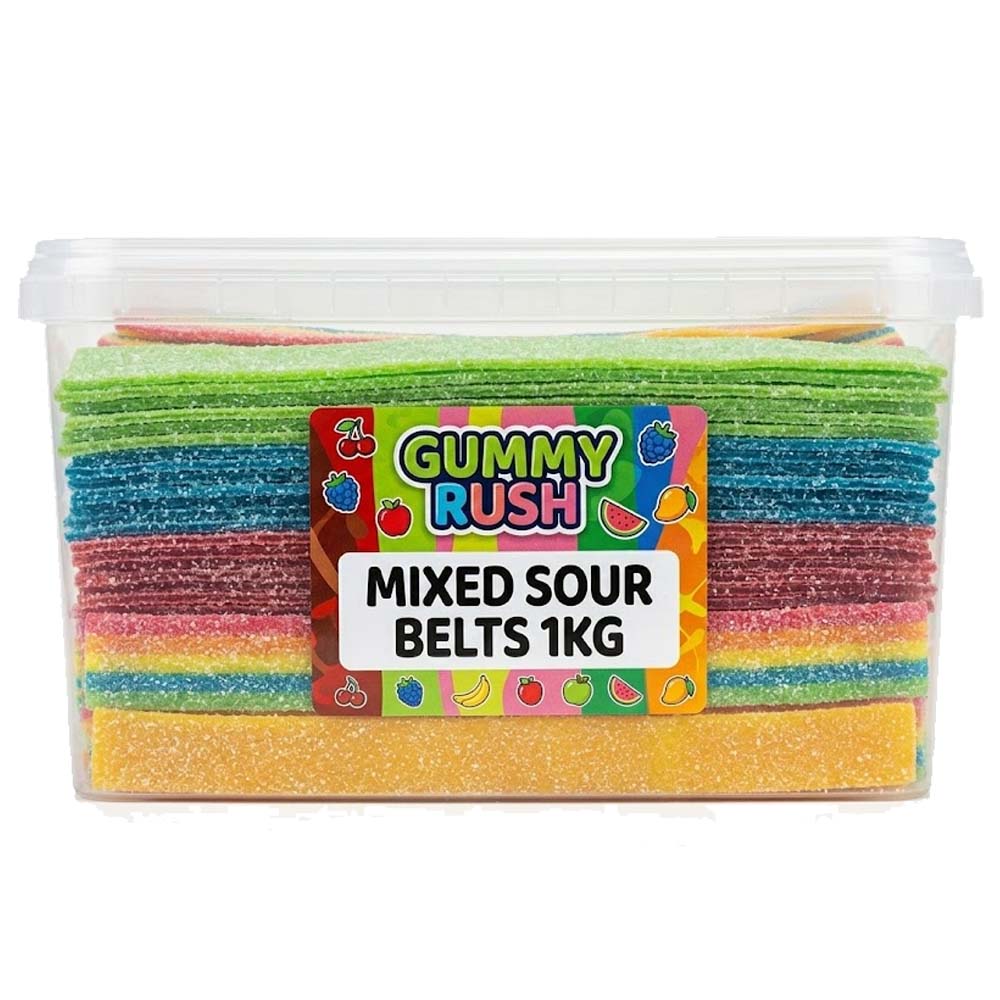 Gummy Rush Mixed Fruit Sour Belts Tub - 1kg