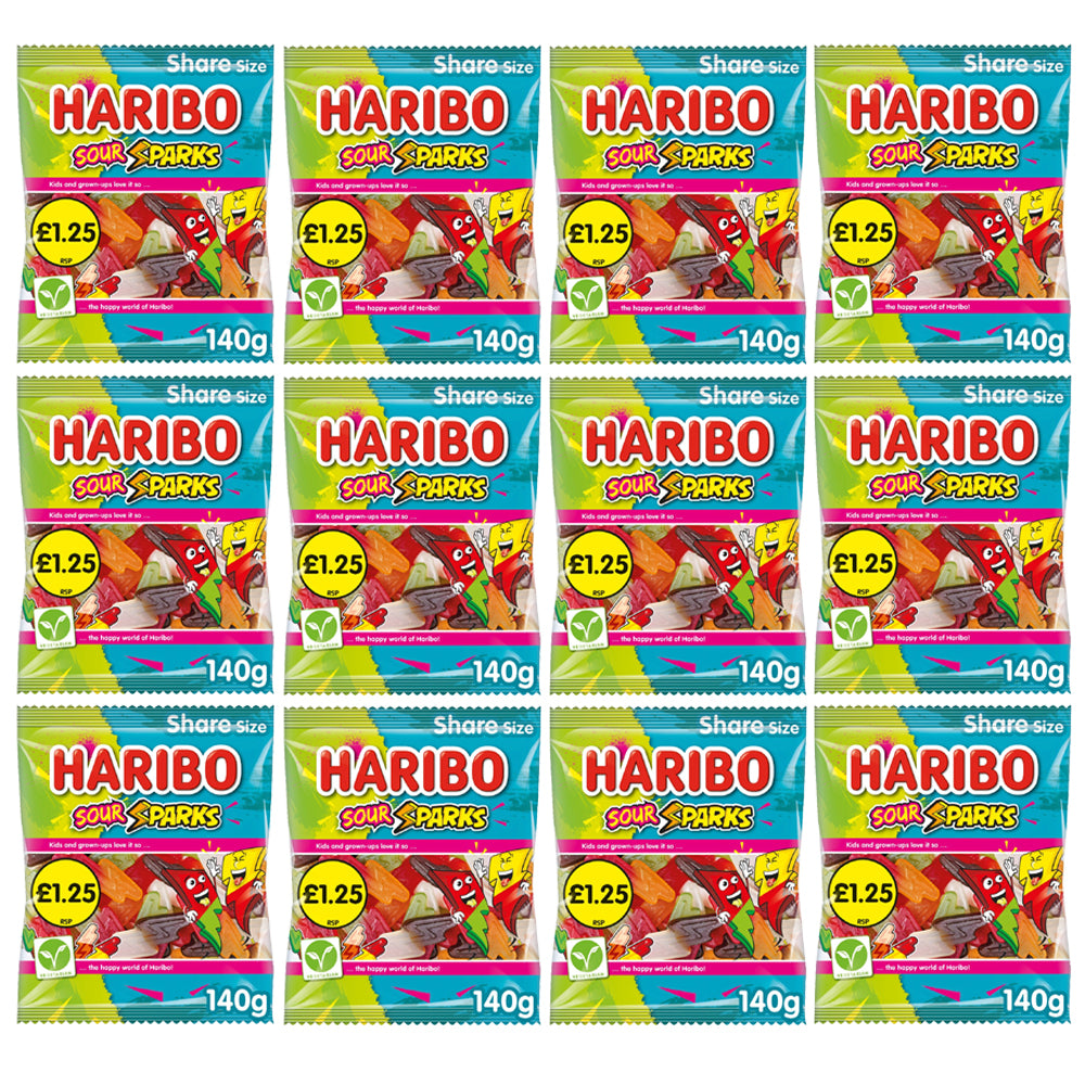 HARIBO Sour Sparks Fruit & Cola Gums Sharing Bag 140g (Pack of 12)