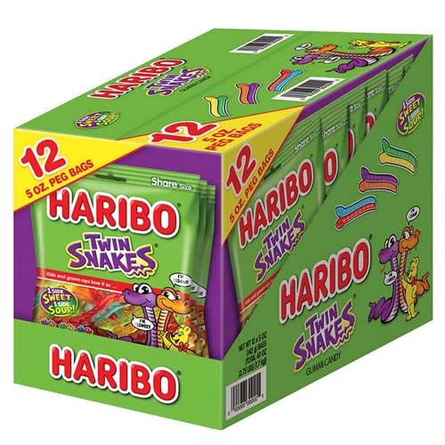 HARIBO Twin Snakes Fruit Flavour Gum Jelly Sweets 140g (12 Pack Sharing Bags)