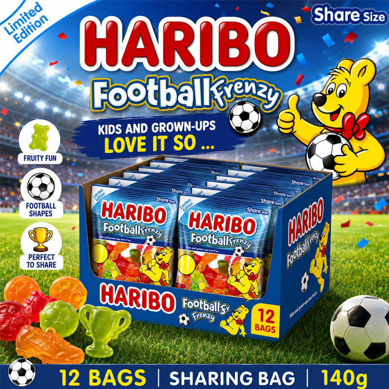 HARIBO Football Frenzy Limited Edition 140g Bags (Pack of 12) – Football-Themed Fruit Gums & Foam Sweets