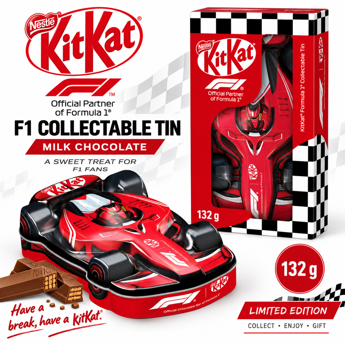 KitKat F1 Milk Chocolate Collectable Tin Car 132g – Formula 1 Gift